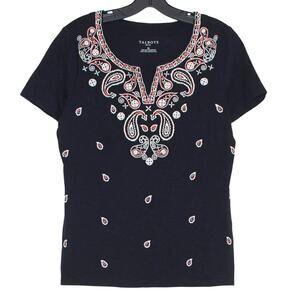 Talbots Top Boho Embellished Paisley Romantic Western Statement Folk Blue Red PS